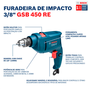 FURADEIRA IMPACTO 3/8" GSB 450 RE 06011B50E0 450W 220V BOSCH