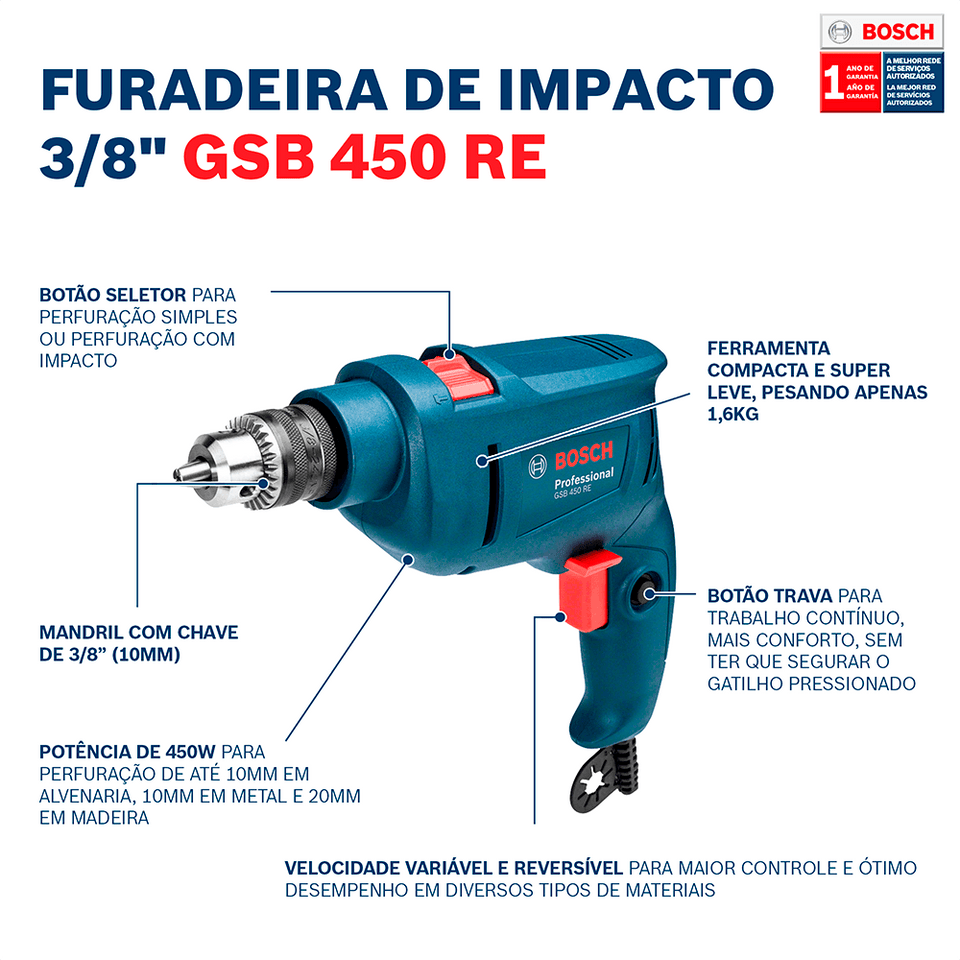 FURADEIRA IMPACTO 3/8" GSB 450 RE 06011B50E0 450W 220V BOSCH