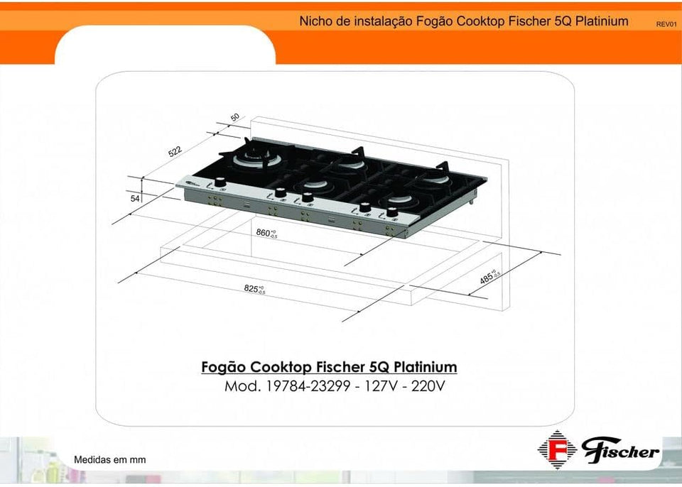 FOGÃO COOKTOP 5Q PLATINUM PRIME ESCOVADO 19784(51515) BIVOLT FISCHER