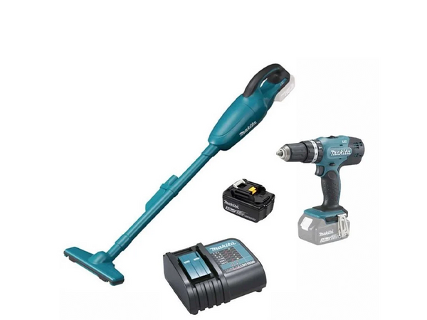 KIT PARAFUSADEIRA/FURADEIRA DE IMPACTO E ASPIRADOR DE PÓ 18V COM 1 BATERIA 3.0AH E CARREGADOR KITDHP453+DCL MAKITA