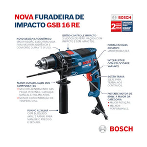 FURADEIRA DE IMPACTO 1/2" GSB16RE B90E0 850W 220V SEM AMELETA BOSCH