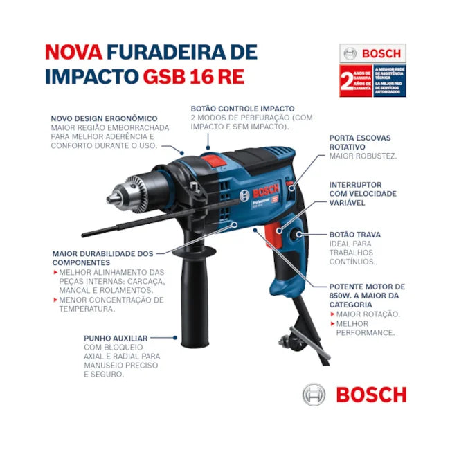 FURADEIRA DE IMPACTO 1/2" GSB16RE B90E0 850W 220V SEM AMELETA BOSCH