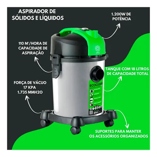 ASPIRADOR DE PÓ/LÍQUIDOS ECOCLEAN LITE 18L 1.200W 220V IPC