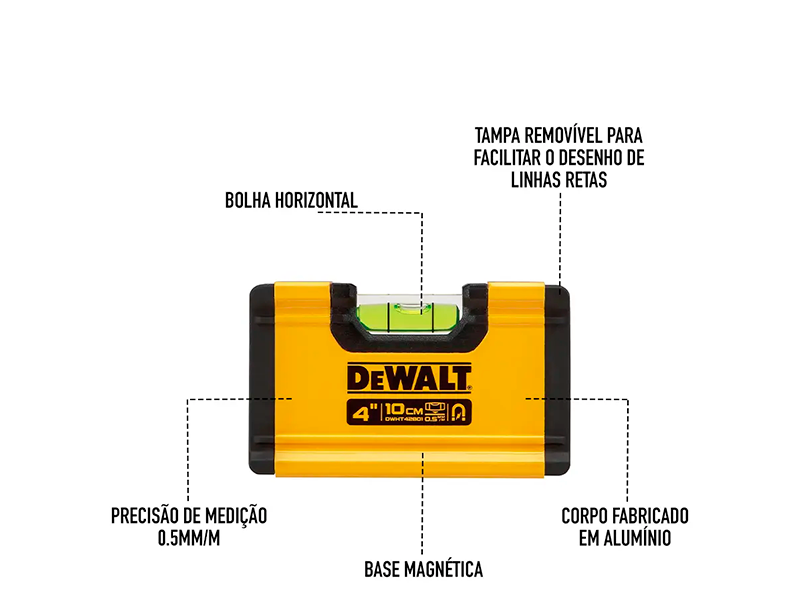 NÍVEL DE ALUMÍNIO 4" 10CM COM 1 BOLHA DWHT42801 DEWALT