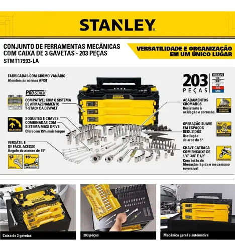 KIT CAIXA DE FERRAMENTAS MECÂNICAS COM 203 PEÇAS STMT17993-LA STANLEY