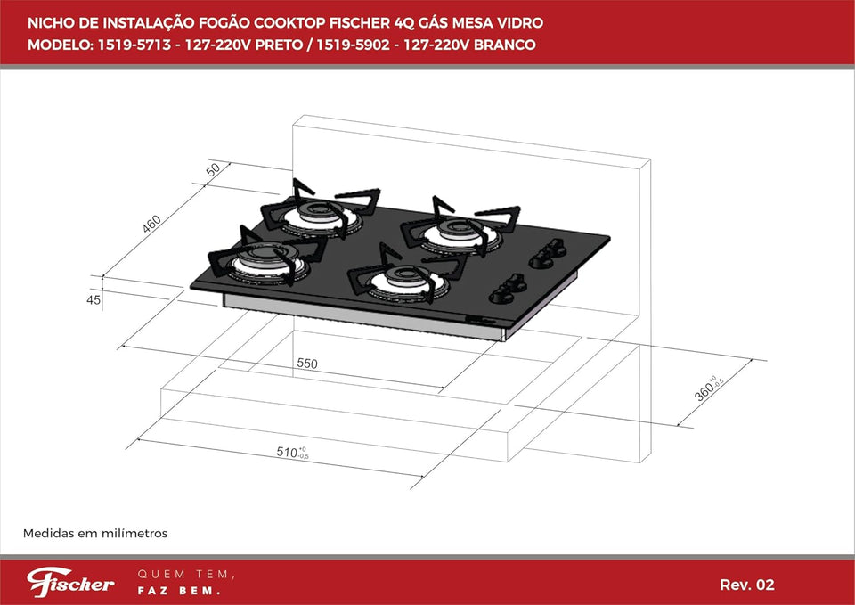 FOGÃO COOKTOP 4Q GÁS MESA VIDRO - PRETO 1519.5713 BIVOLT FISCHER
