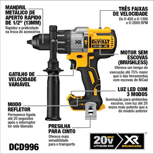 PARAFUSADEIRA/FURADEIRA IMPACTO A BATERIA 20V MAX LI-ION DCD996B 95NM 1/2 POL. BRUSHLESS SEM BATERIA DEWALT