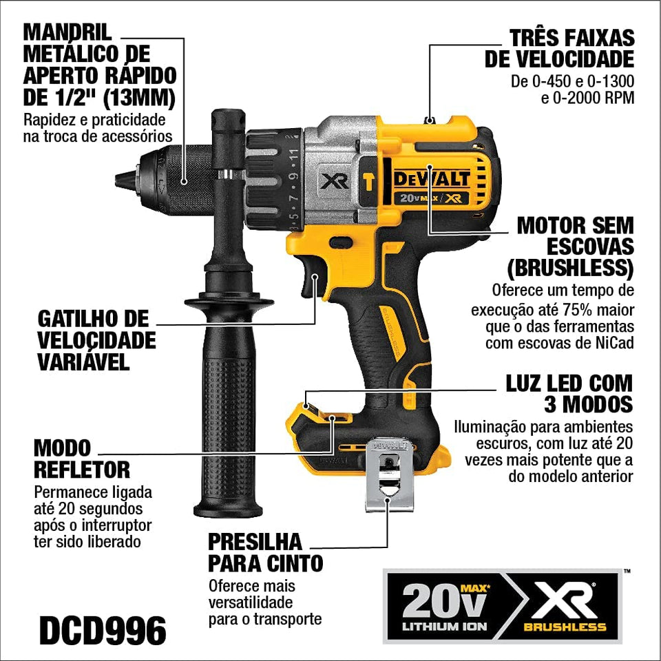 PARAFUSADEIRA/FURADEIRA IMPACTO A BATERIA 20V MAX LI-ION DCD996B 95NM 1/2 POL. BRUSHLESS SEM BATERIA DEWALT