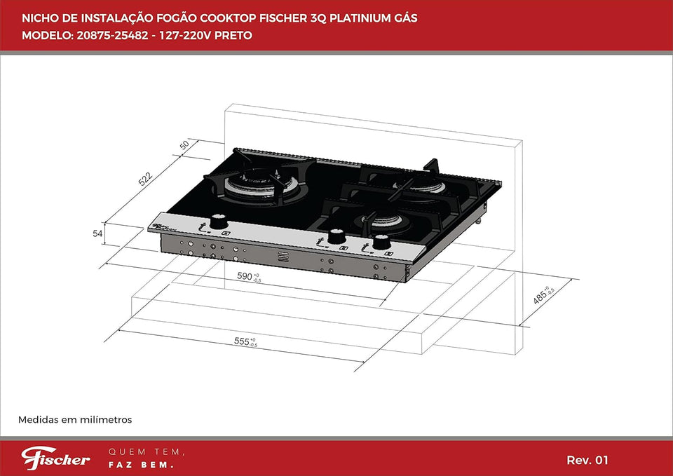 FOGÃO COOKTOP 3Q PLATINUM 20875.25482 BIVOLT FISCHER