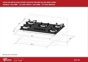 FOGÃO COOKTOP 5Q GÁS MESA DE VIDRO  PRETO 1642(6985) BIVOLT FISCHER