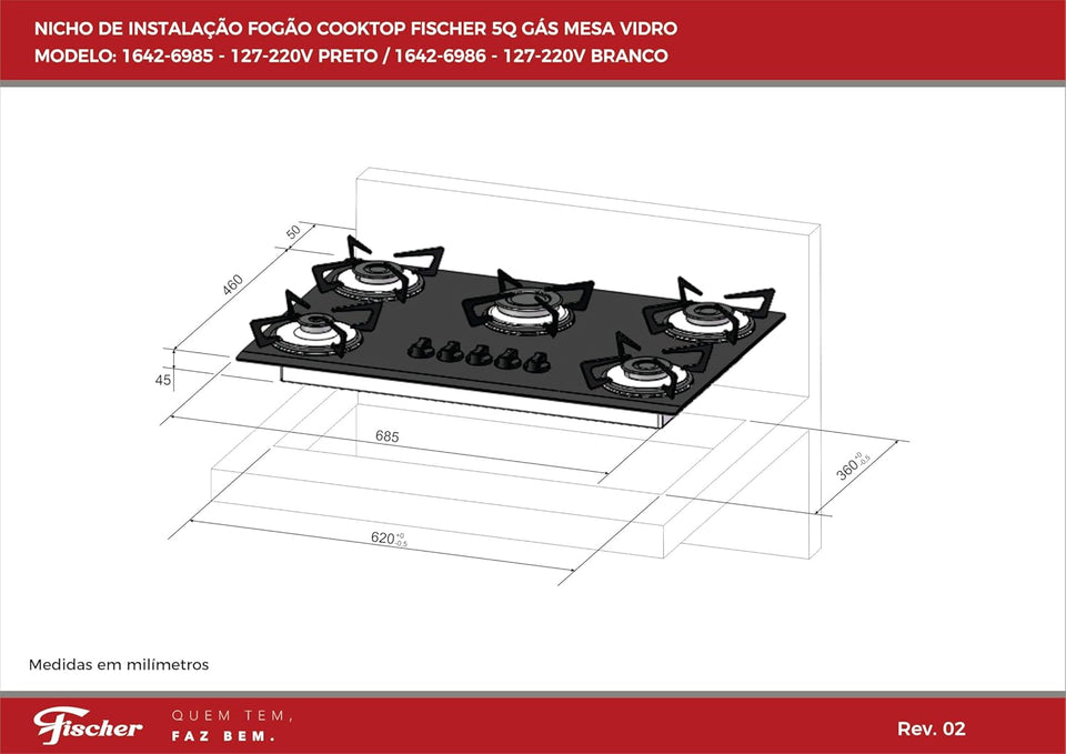FOGÃO COOKTOP 5Q GÁS MESA DE VIDRO  PRETO 1642(6985) BIVOLT FISCHER