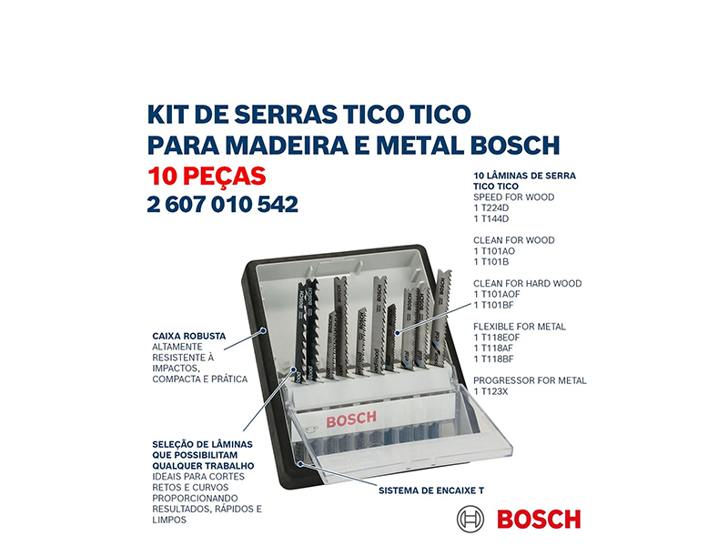 JOGO DE LÂMINA DE SERRA TICO-TICO T METAL COM 10 PEÇAS 2607010542 BOSCH