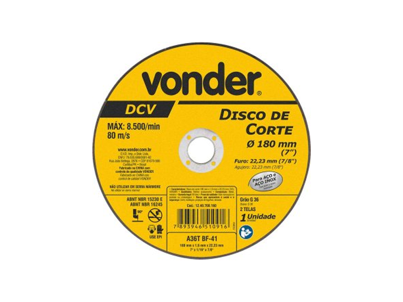 DISCO DE CORTE FINO 7" 180X1,6X22,23MM 1240700160 VONDER