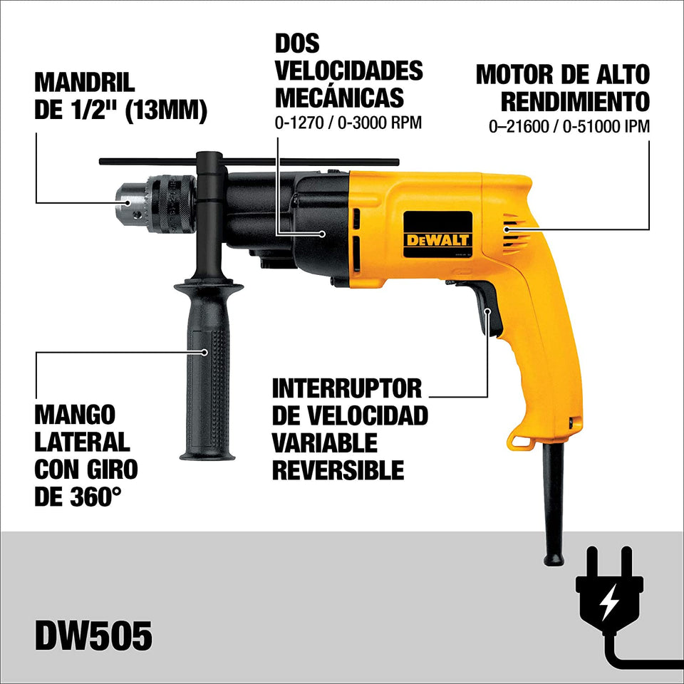 FURADEIRA DE IMPACTO 1/2" VVR 2 VELOCIDADES DW505 800W 220V DEWALT