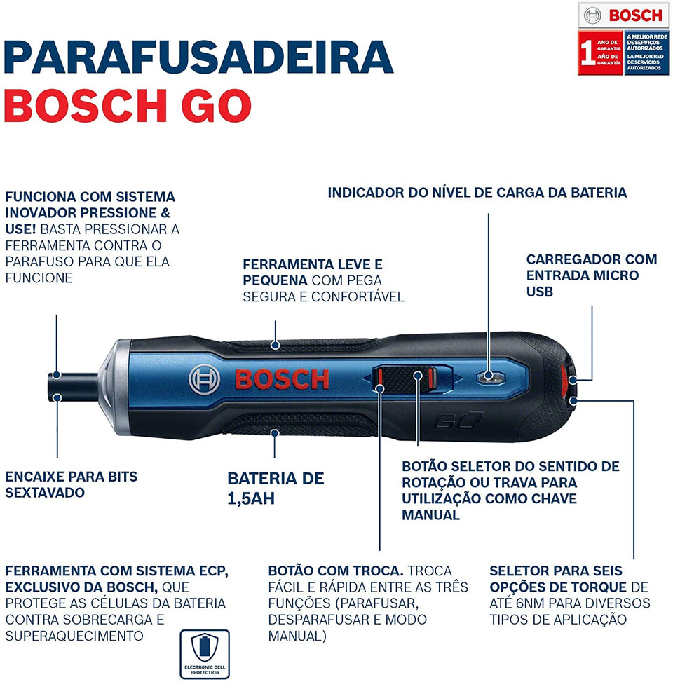 PARAFUSADEIRA A BATERIA BOSCH GO 3,6V 06019H21E0 BIVOLT