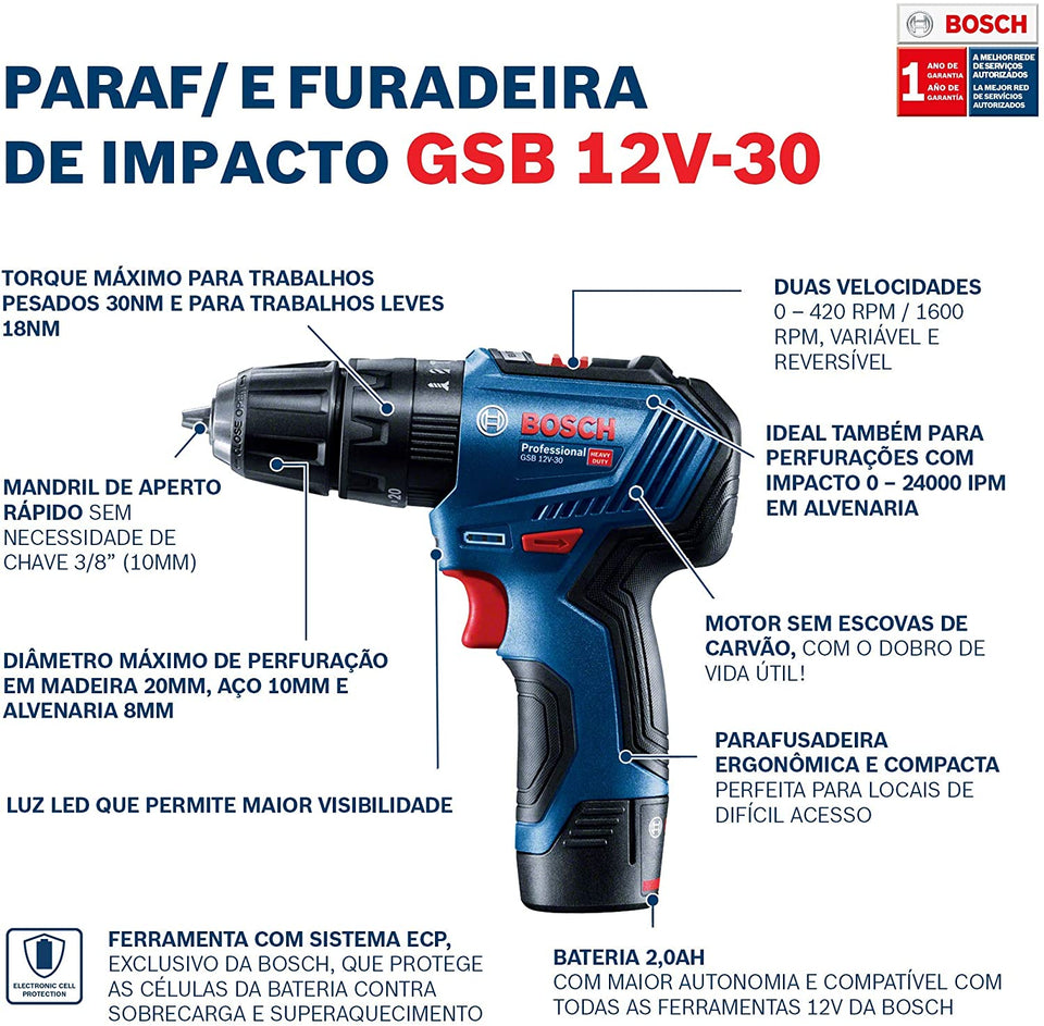 PARAFUSADEIRA E FURADEIRA DE IMPACTO 12V GSB12V-30 06019G91E0 BOSCH
