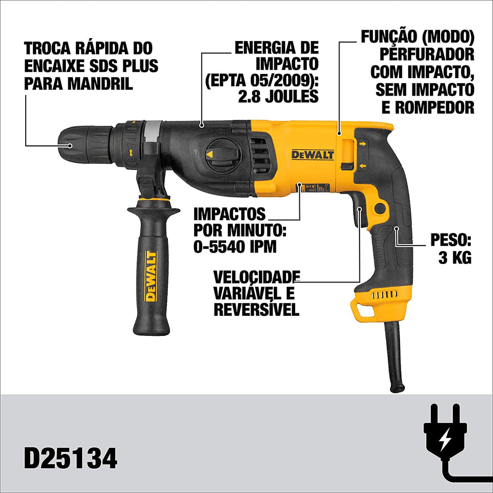 MARTELETE ELETROPNEUMÁTICO 1" SDS PLUS 2,8J 2KG D25134K-B2 800W 220V DEWALT