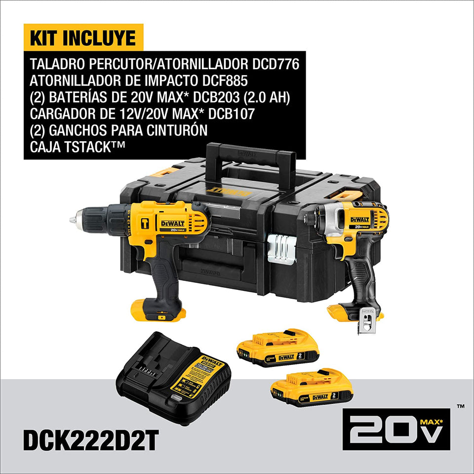 KIT FURADEIRA + PARAFUSADEIRA 20V DCK222D2T-BR COM MALETA DEWALT