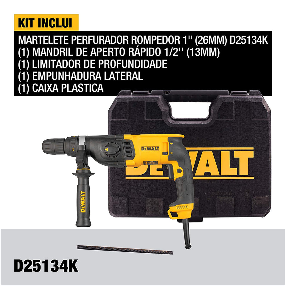 MARTELETE ELETROPNEUMÁTICO 1" SDS PLUS 2,8J 2KG D25134K-B2 800W 220V DEWALT