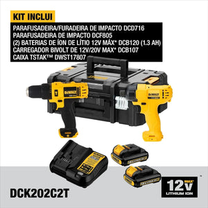 KIT PARAFUSADEIRA / FURADEIRA 12V COM 2 BATERIAS DCK202C2T-BR DEWALT