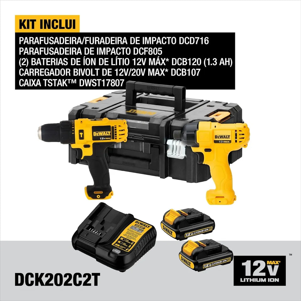 KIT PARAFUSADEIRA / FURADEIRA 12V COM 2 BATERIAS DCK202C2T-BR DEWALT
