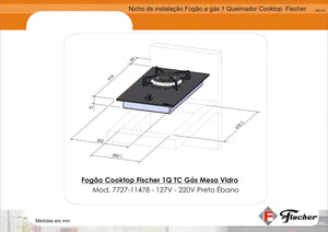 FOGÃO COOKTOP 1Q TC GÁS MESA VIDRO 7727.11478 BIVOLT FISCHER