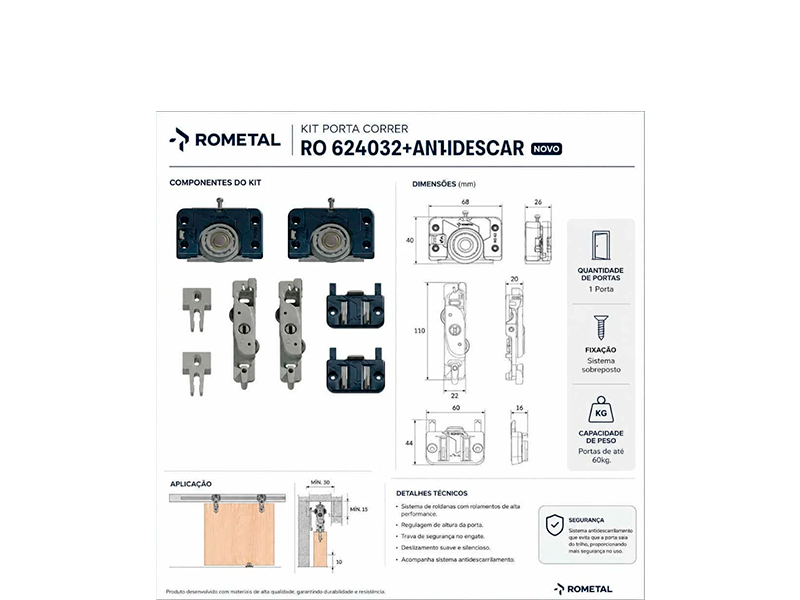 KIT RO62 4032 1 PORTA 60KG SOBREPOR COM GUIA UNIVERSAL 18454 ROMETAL