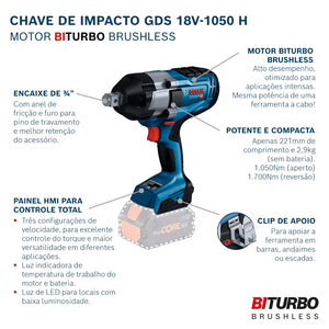 CHAVE DE IMPACT0 18V GDS18V-1050H 06019J85E1 SEM BATERIA E SEM CARREGADOR BOSCH