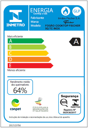 FOGÃO COOKTOP 5Q TC GÁS MESA 23678.54121 INOX BIVOLT FISCHER