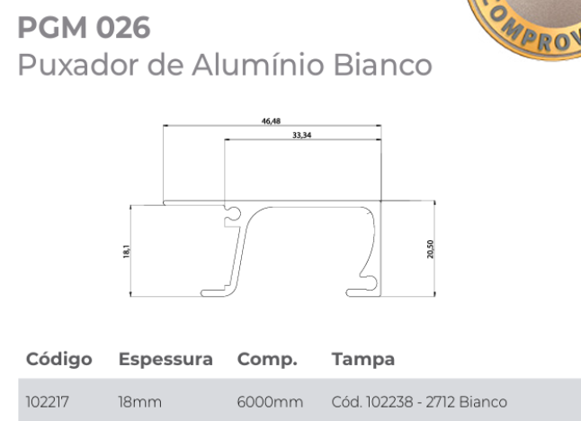 PERFIL PUXADOR PGM026 PARA PERFIL 18MM BRANCO 6 METROS GMAD