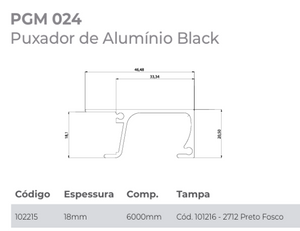 PERFIL PUXADOR PGM024 PARA PERFIL 18MM PRETO 6 METROS GMAD