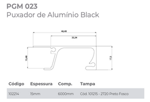 PERFIL PUXADOR PGM023 PARA PERFIL 15MM PRETO 6 METROS GMAD