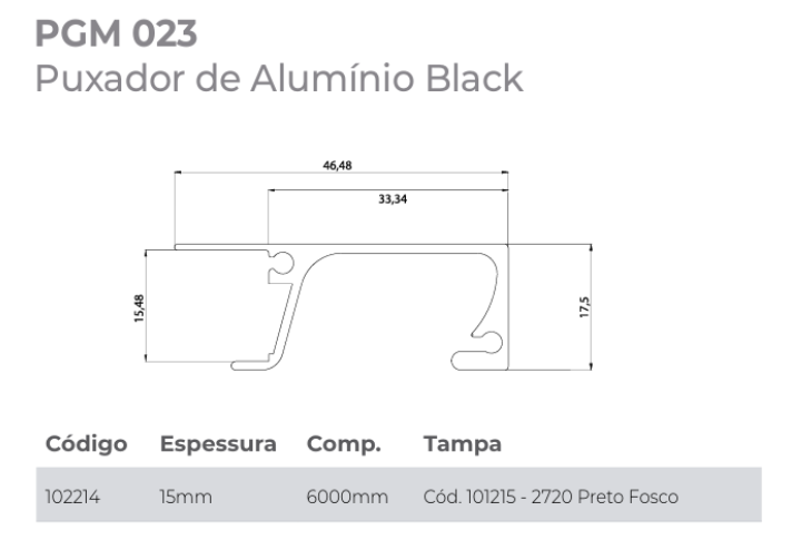 PERFIL PUXADOR PGM023 PARA PERFIL 15MM PRETO 6 METROS GMAD