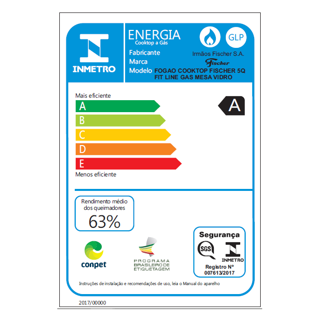 FOGÃO A GÁS COOKTOP 5Q FIT LINE MESA DE VIDRO 26343.57174 FISCHER
