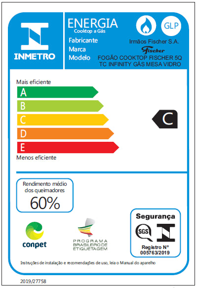 FOGÃO COOKTOP 5Q TC INFINITY GÁS MESA VIDRO VERMELHO ROUGE 26298(62471) BIVOLT FISCHER