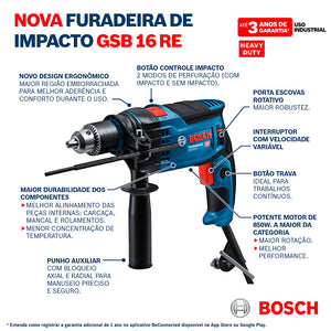 FURADEIRA DE IMPACTO 1/2" GSB 16 RE COM 10 BROCAS 0615A001ZC 850W 220V BOSCH
