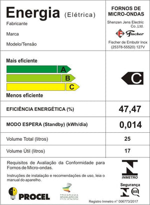 FORNO MICRO-ONDAS DE EMBUTIR 25L COM DOURADOR INOX 25378(55522) 220V FISCHER