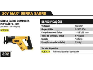 SERRA SABRE COMPACTA 20V MAX DCS387B SEM BATERIA E CARREGADOR DEWALT
